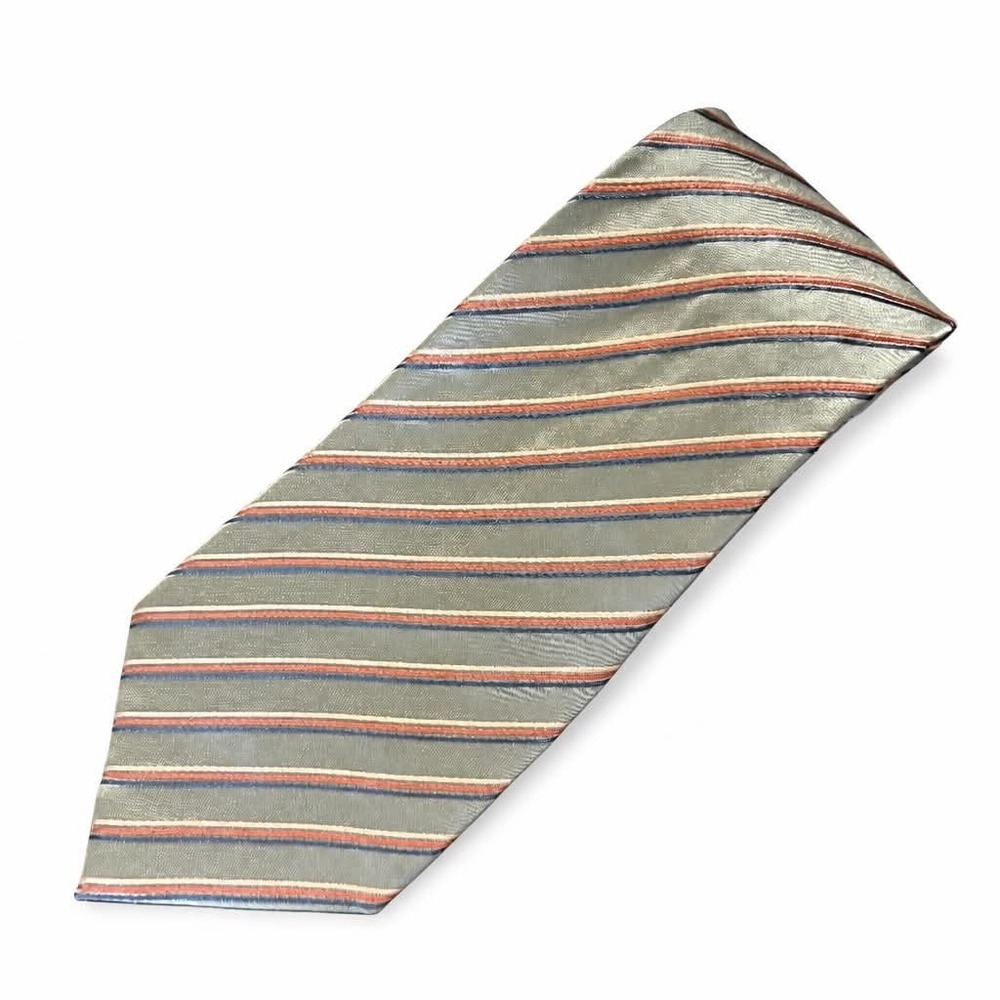 Geoffrey Beene Silk Tie Mens Diagonal Stripe Sage Olive Green Navy Red White